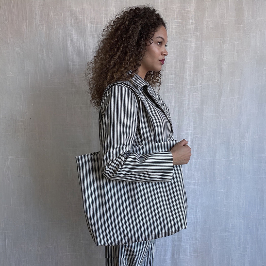 Black White Striped Blazer Trousers Corset And Tote Bag Four Piece Set