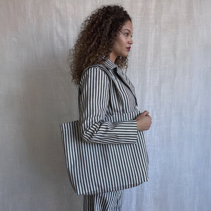 Black White Striped Blazer Trousers Corset And Tote Bag Four Piece Set