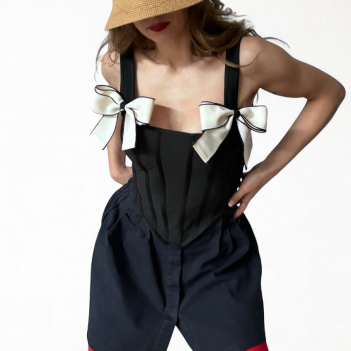 Black rib knit corset top with bows