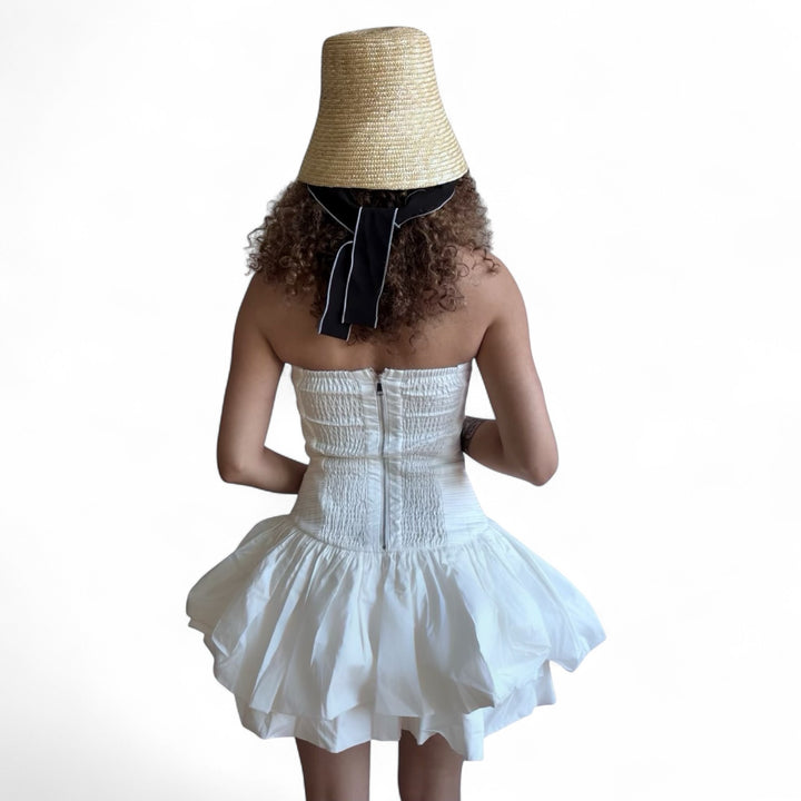 White rushed mini dress with corset top and black application