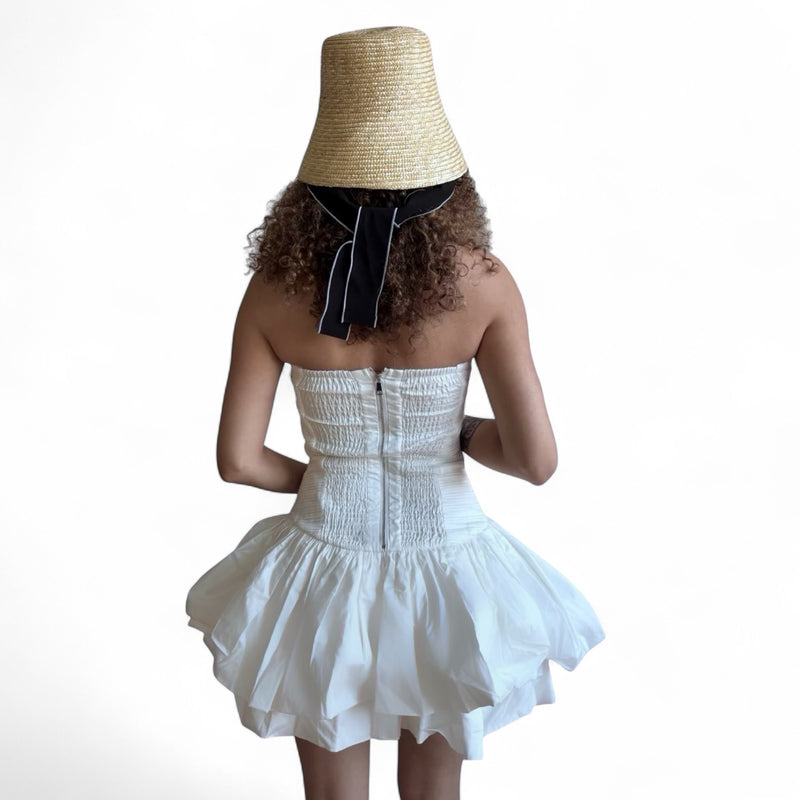 White Ruched Mini Dress With Corset Top And Black Application