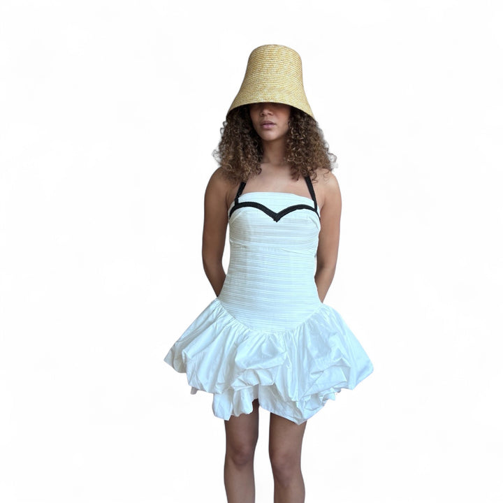White rushed mini dress with corset top and black application