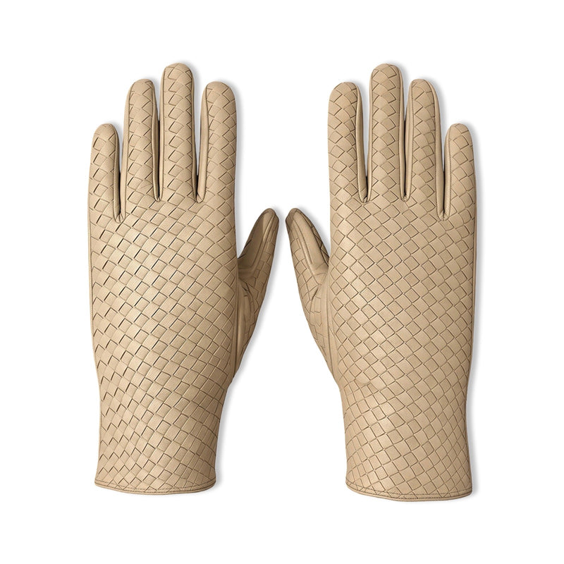 Beige Woven Leather Short Gloves