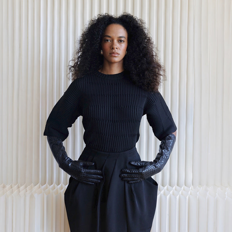 Black Woven Leather Long Gloves