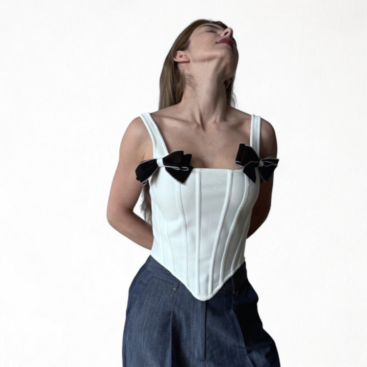White rib knit corset top with bows