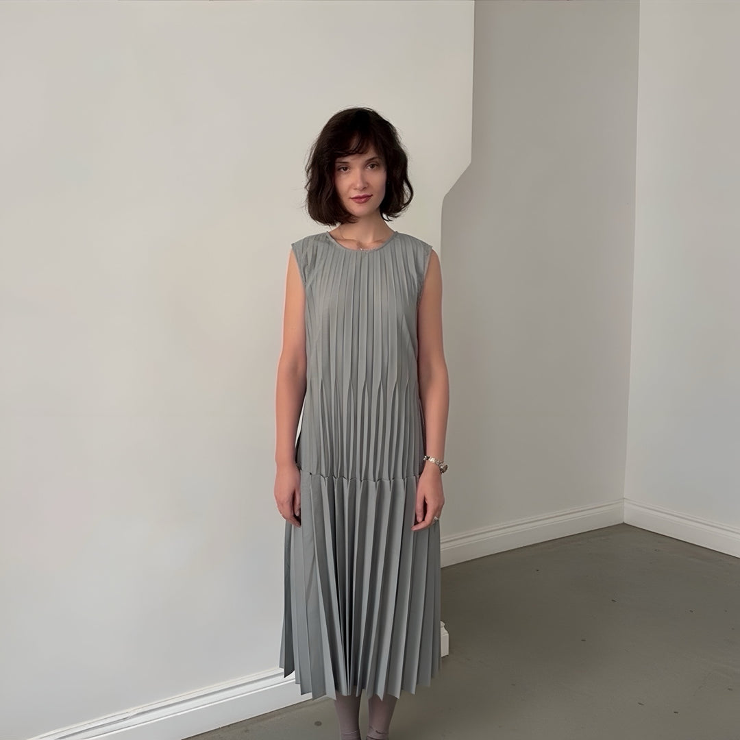 Grey Accordion Layer Pleated Midi Dress