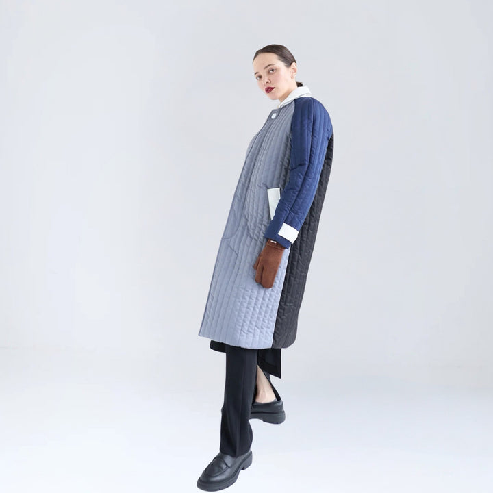 Grey Navy White Patchwork Colour Block Quilt Long Jacket