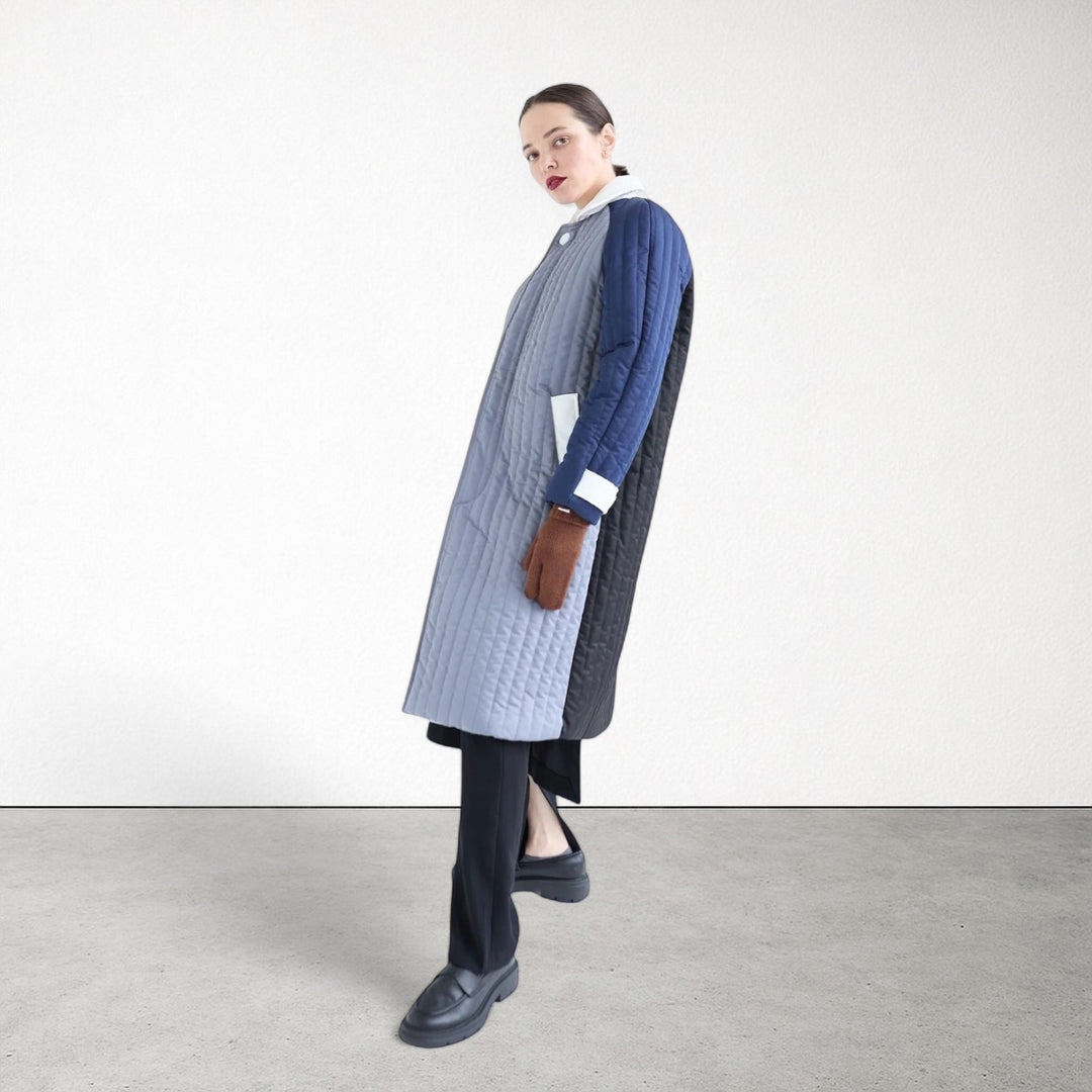 Grey Navy White Patchwork Colour Block Quilt Long Jacket