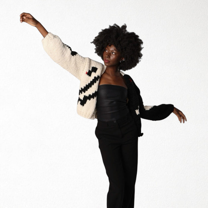Asymmetrical geometric motif chunky knit cardigan