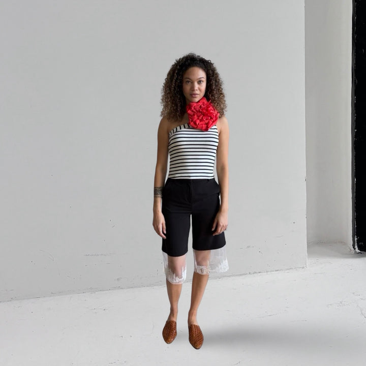 Striped One Shoulder Top With Red Flower Pin