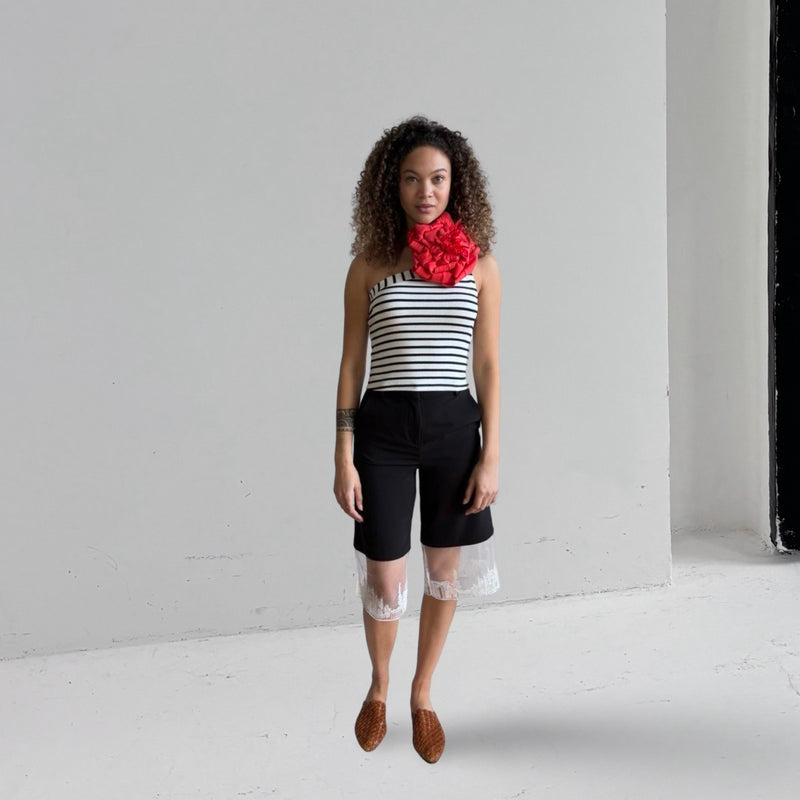 Striped One Shoulder Top With Red Flower Pin