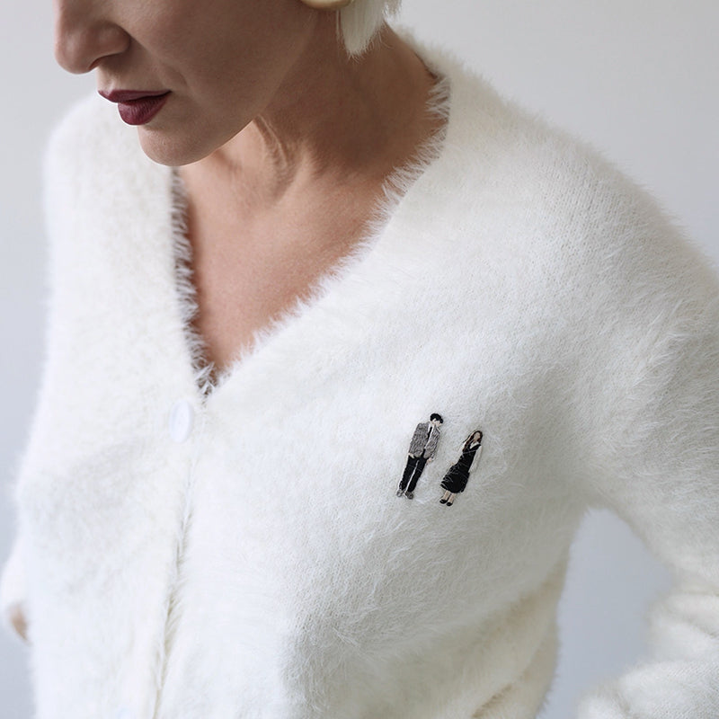 Beige Fuzzy Knit Cardigan With Embroidery Patches