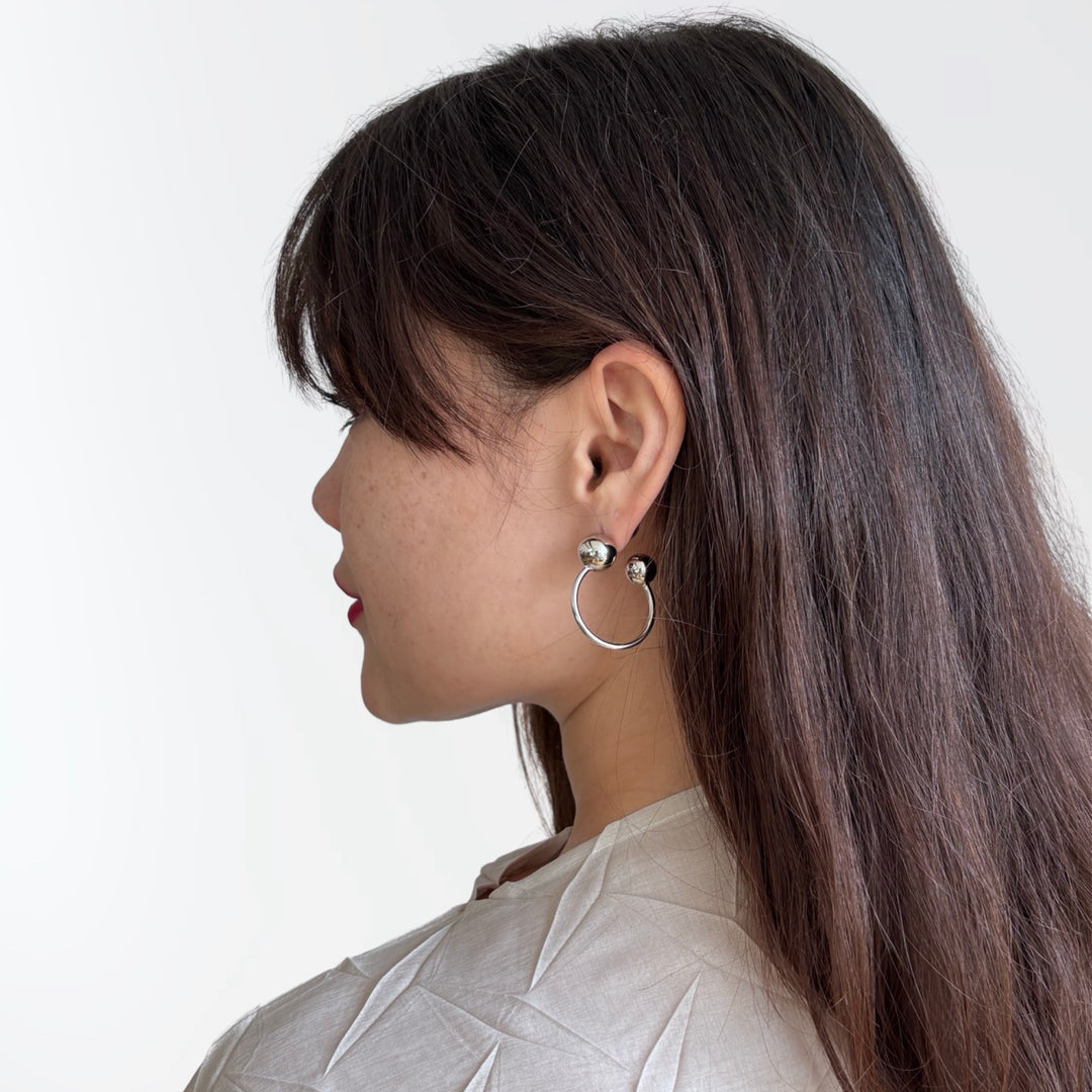 Silver geometric ball hoop earrings