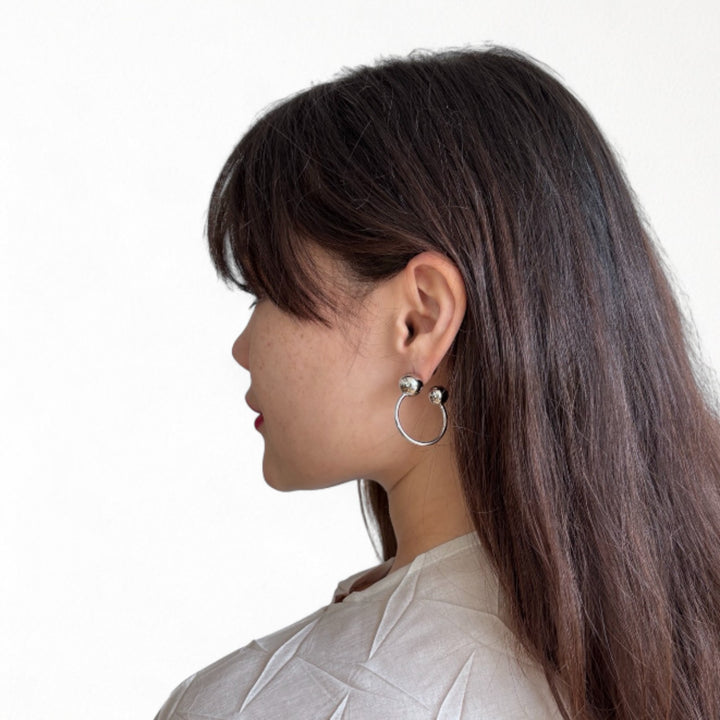 Silver geometric ball hoop earrings