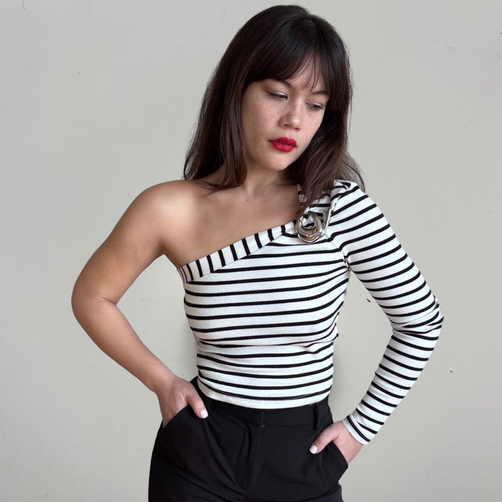 Striped One Sleeve Top With Metal Brooch