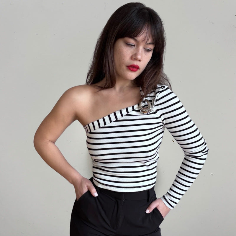 Striped One Sleeve Top With Metal Brooch