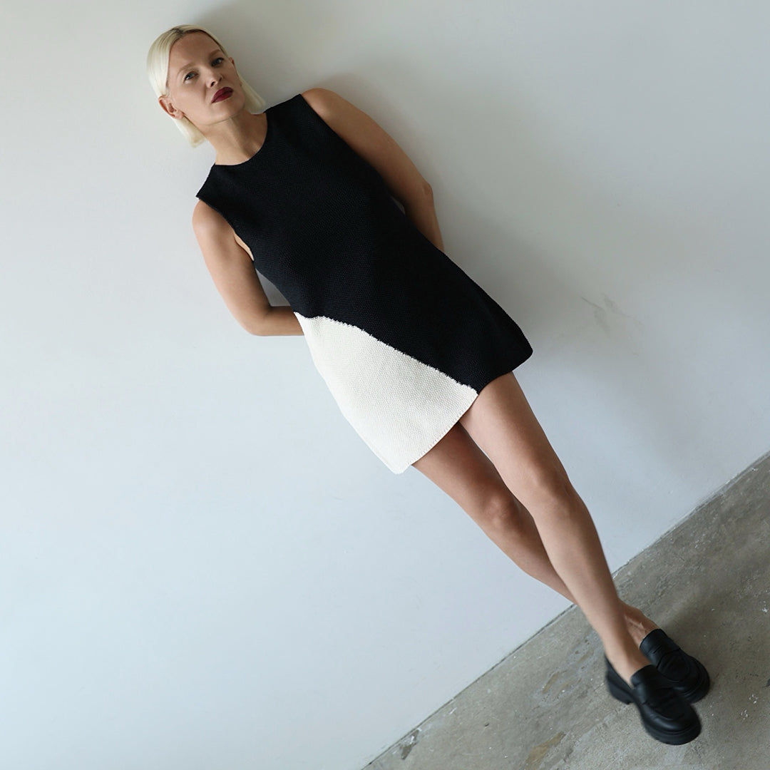 Black and Beige Waffle Knit Short Dress