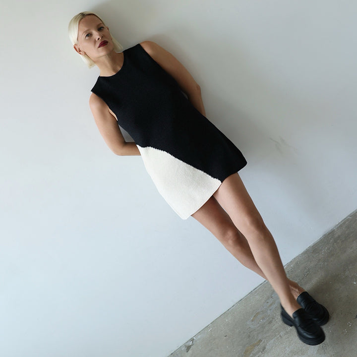 Black and Beige Waffle Knit Short Dress