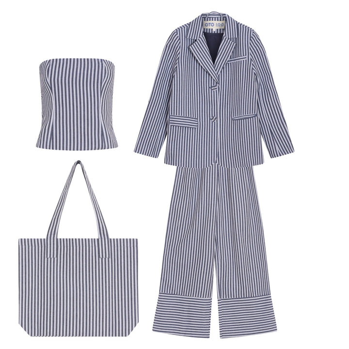 Blue White Striped Blazer Trousers Corset And Tote Bag Four Piece Set