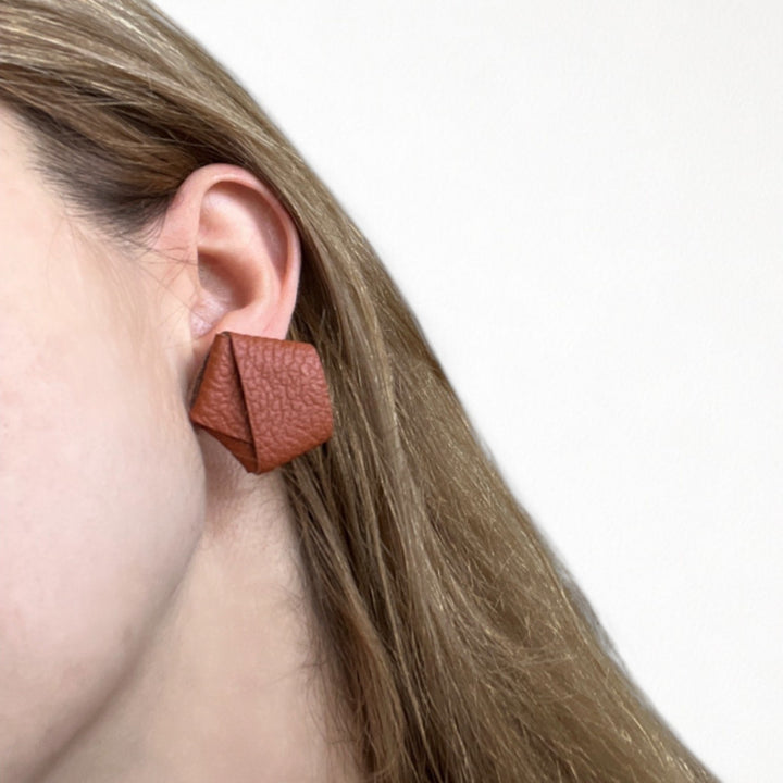 Origami grainy rust brown leather stud earrings