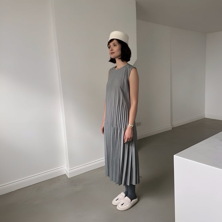Grey Accordion Layer Pleated Midi Dress