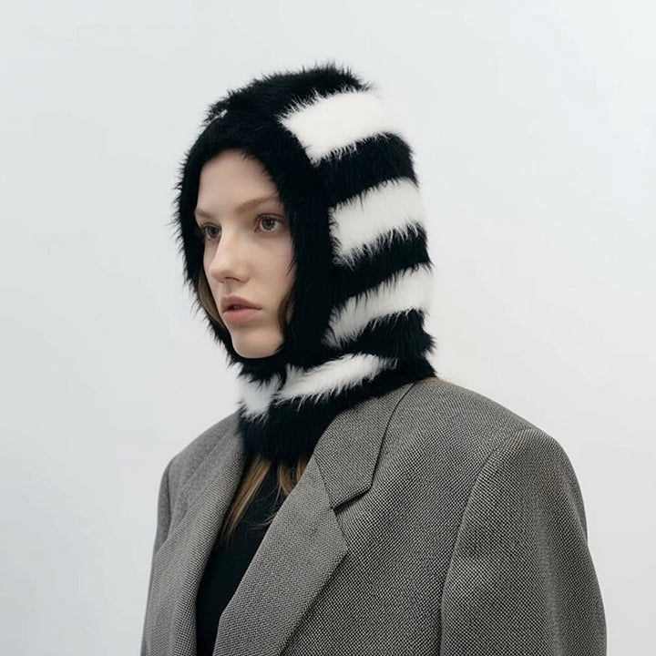 Striped Black and White Striped Fuzzy Balaclava