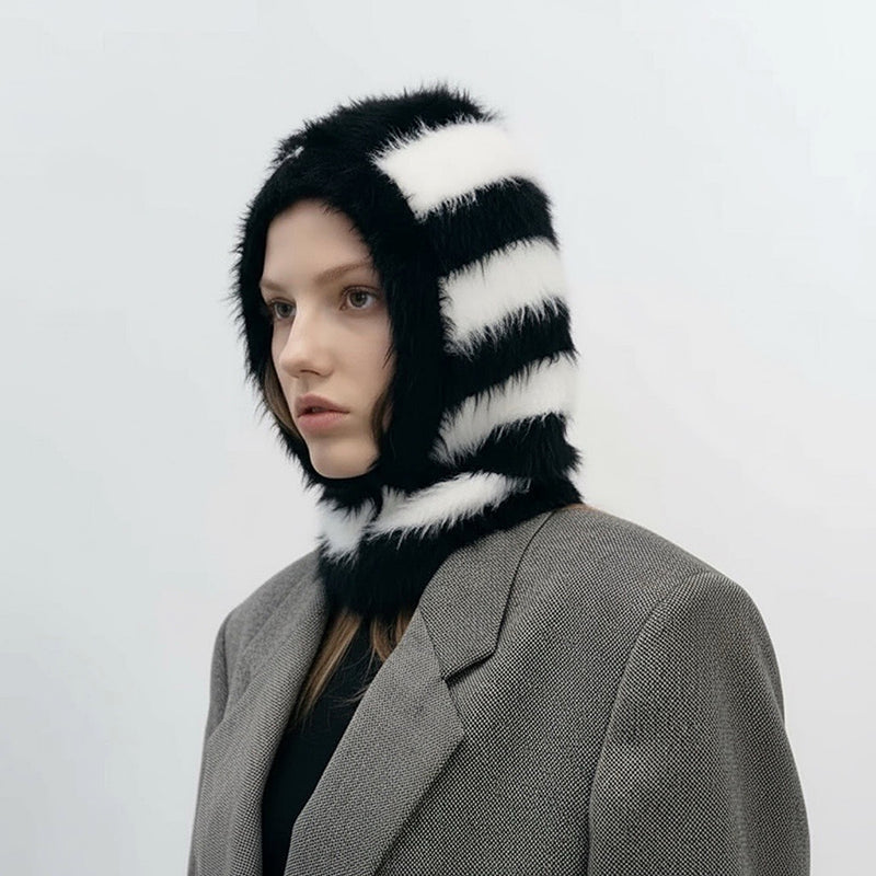 Striped Black And White Striped Fuzzy Balaclava