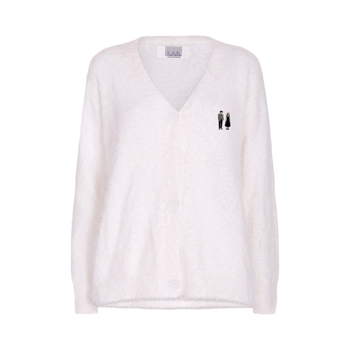 Beige fuzzy knit cardigan with embroidery patchess