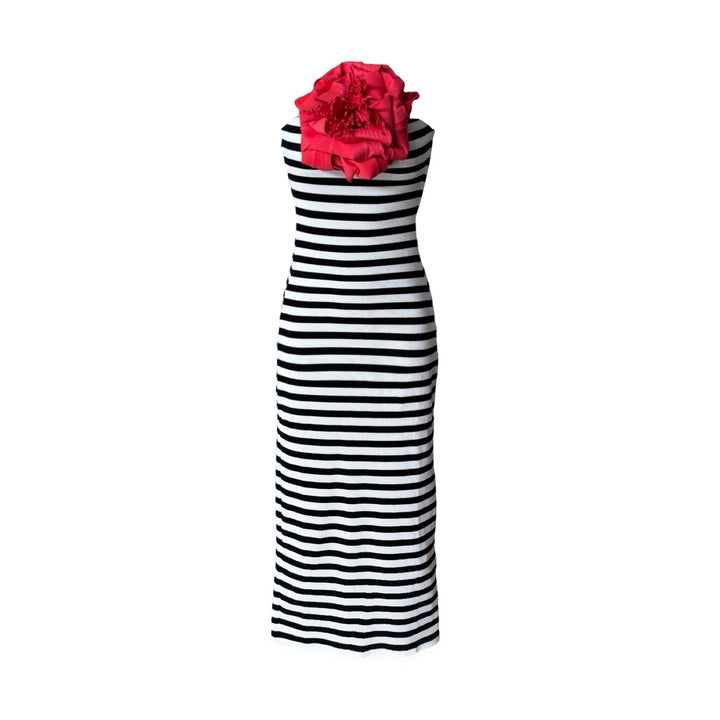 Strapless ribbed striped tube dress with red flower pin