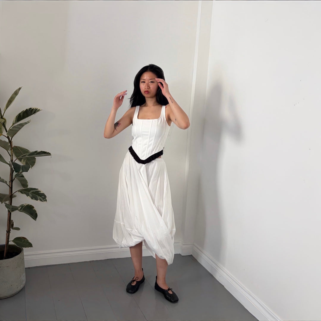 White Rib Knit Corset Top With Ruffle