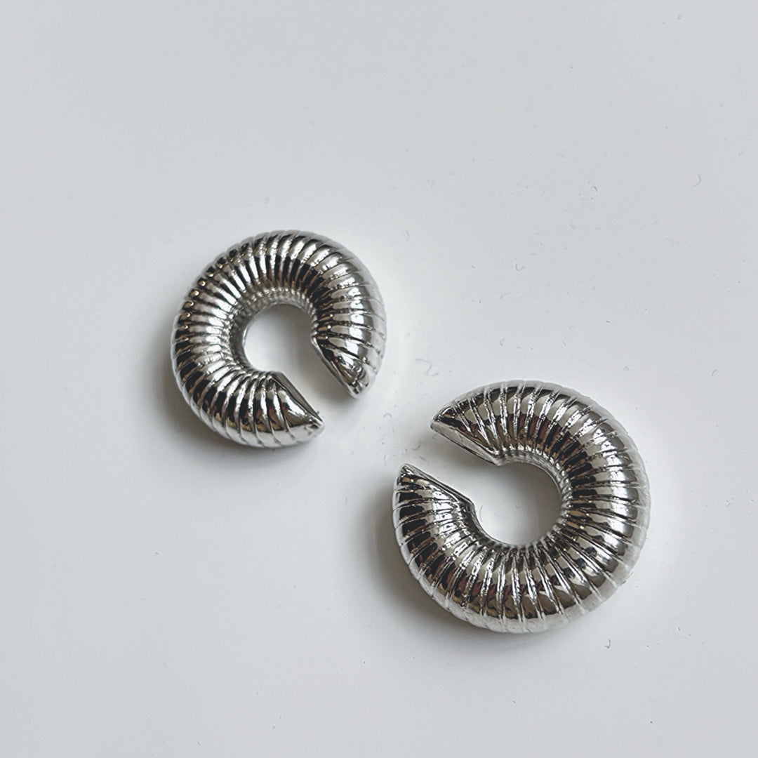 Silver C Shaped Hoop Ridged Clip Earrings