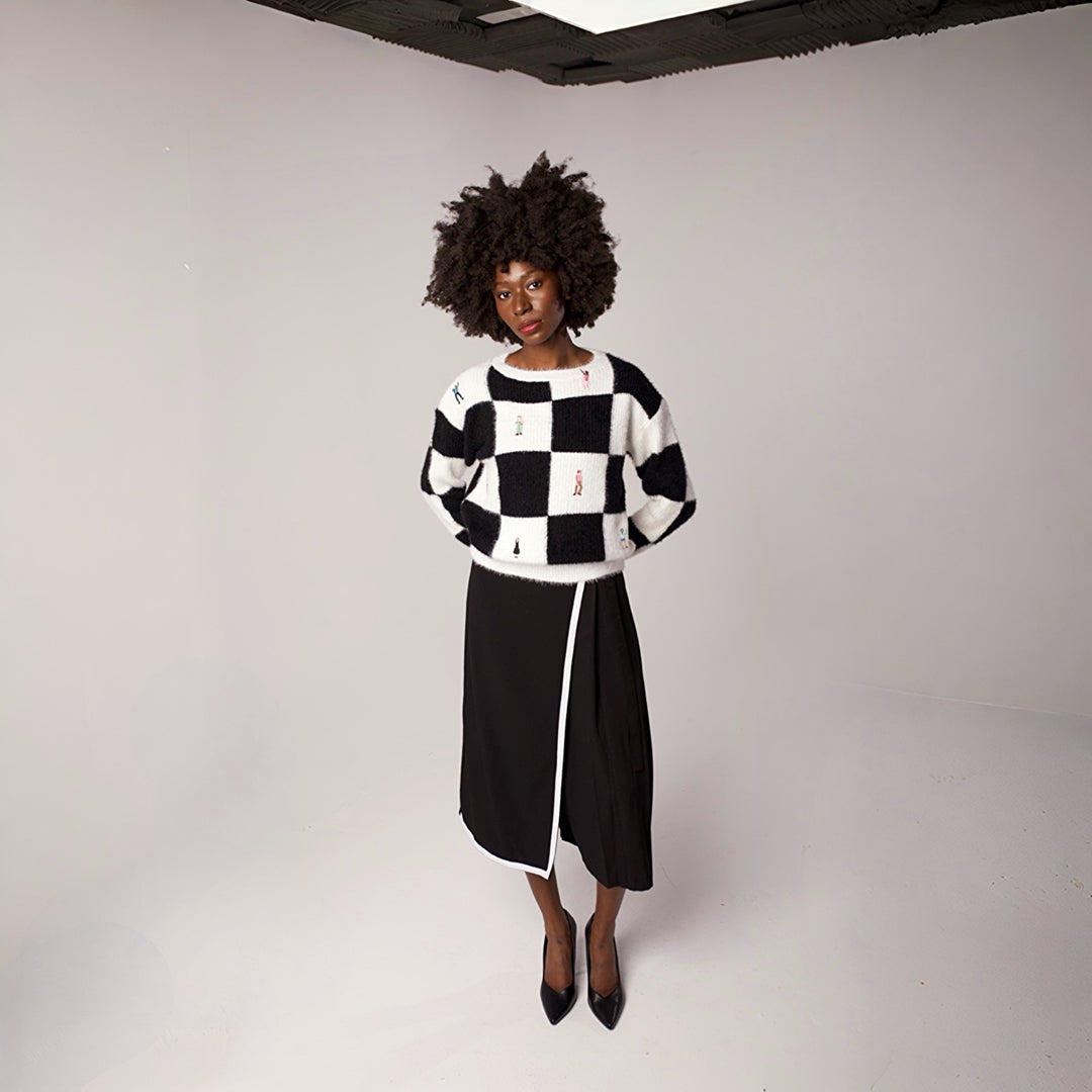 Checkered knit cardigan with embroidery patches