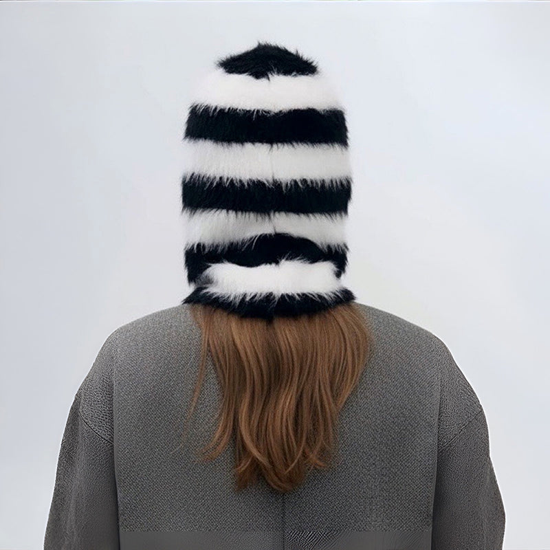 Striped Black And White Striped Fuzzy Balaclava