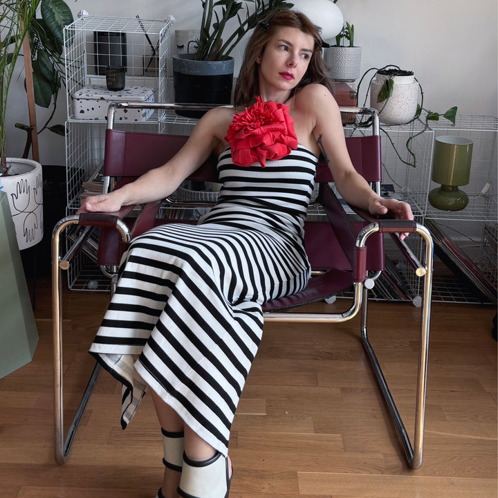 Strapless ribbed striped tube dress with red flower pin