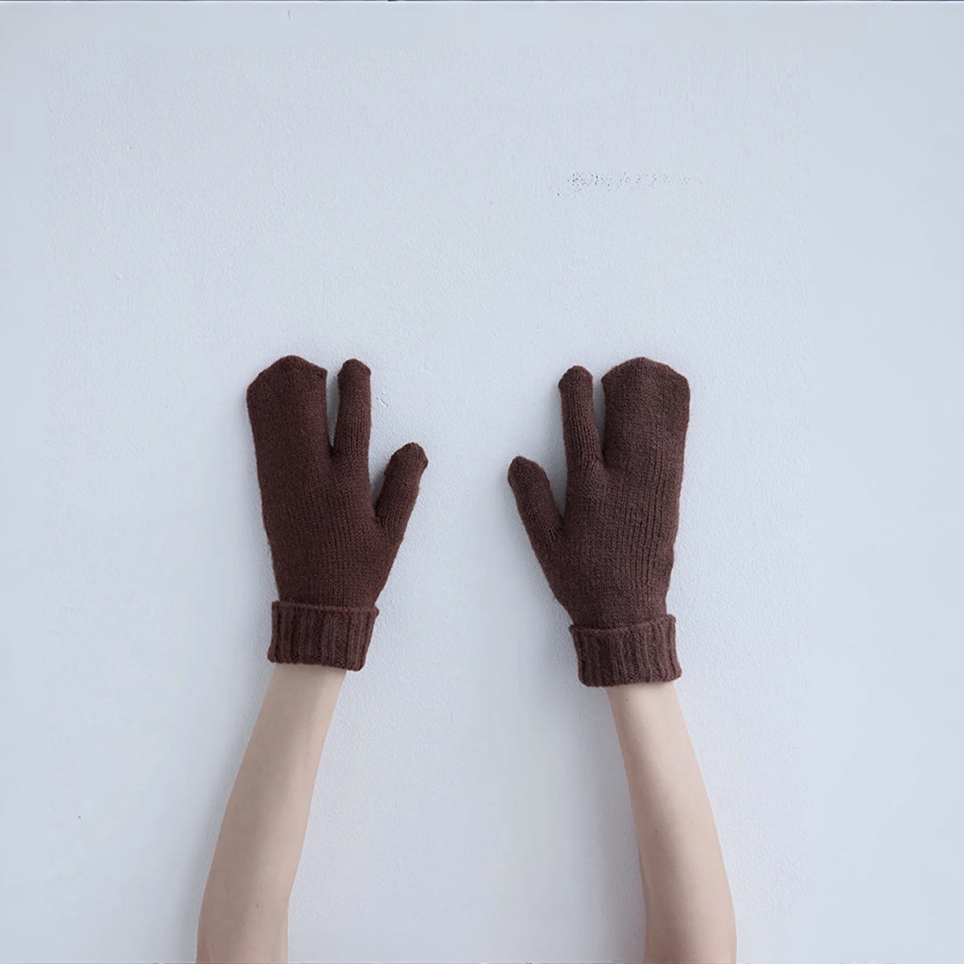 Brown Soft Two Finger Knitted Mitten Gloves