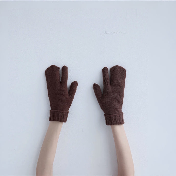 Brown Soft Two Finger Knitted Mitten Gloves