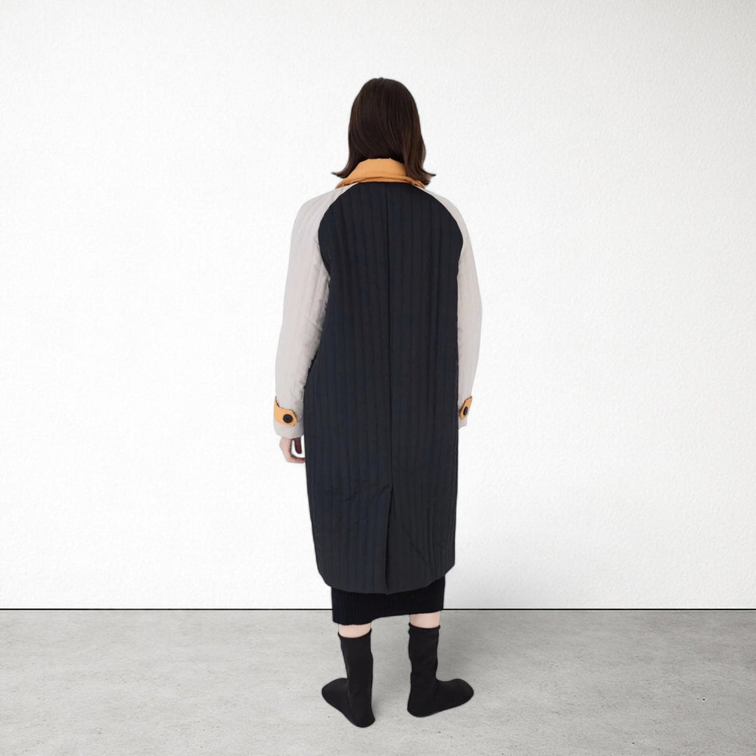 Navy Orange Patchwork Colour Block Quilt Long Jacket