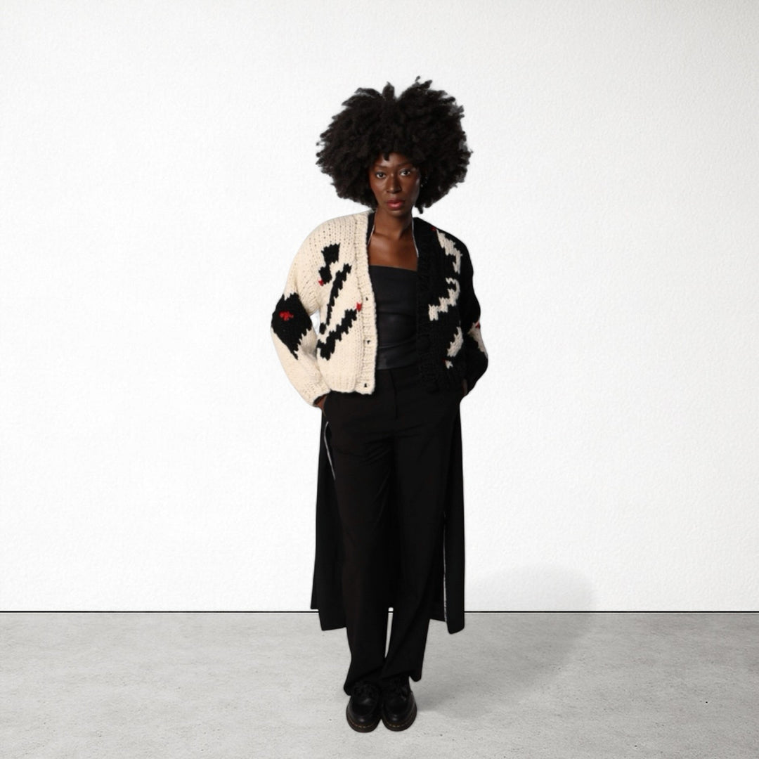 Asymmetrical geometric motif chunky knit cardigan