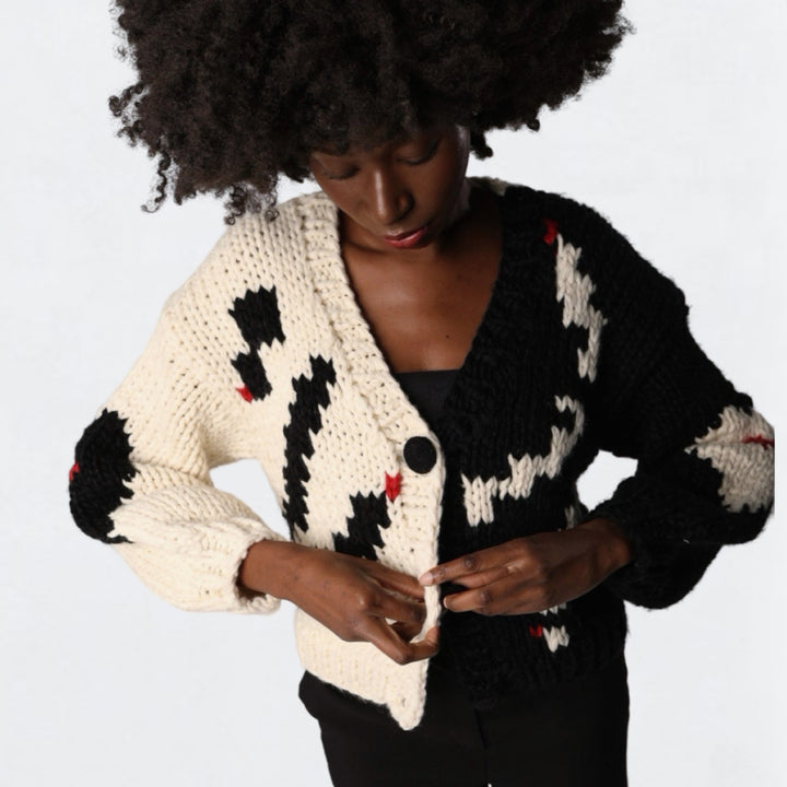 Asymmetrical geometric motif chunky knit cardigan