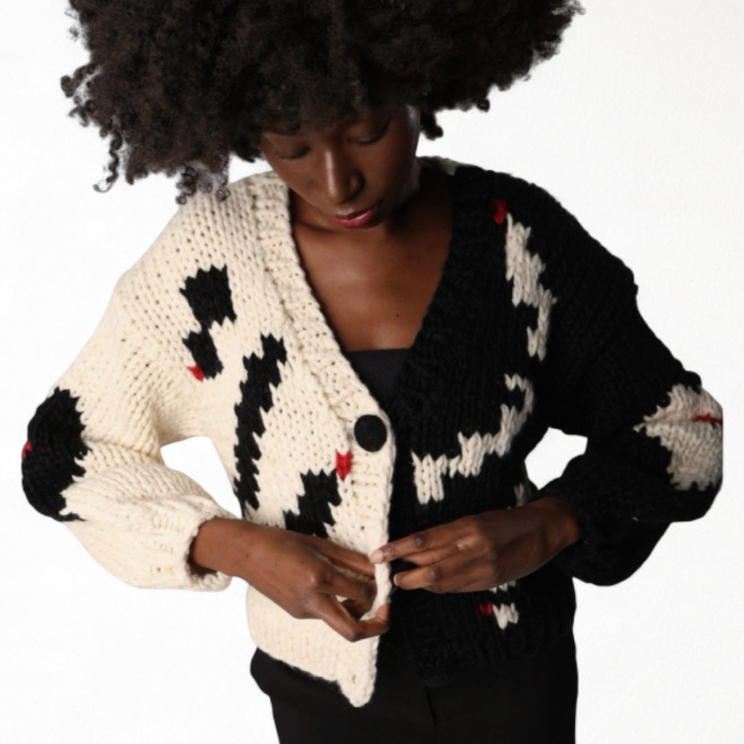 Asymmetrical geometric motif chunky knit cardigan