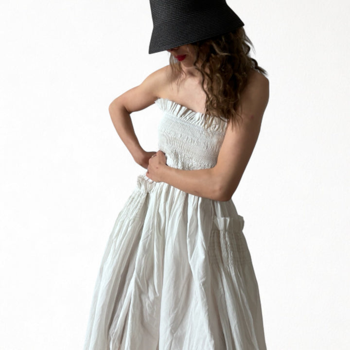 White cotton strapless smocked maxi dress