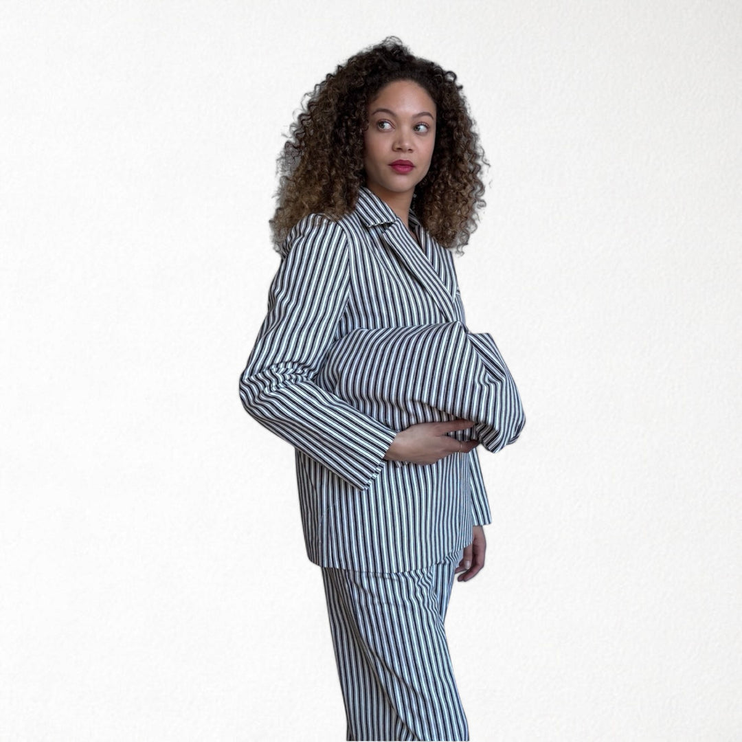 Black White Striped Blazer Trousers Corset And Tote Bag Four Piece Set