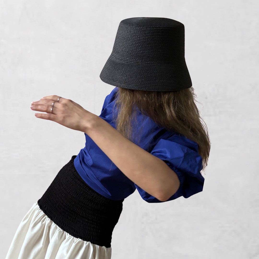 Black rigid bucket hat with ties