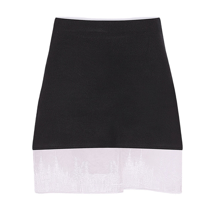 Black mini knit skirt with with embroidery lace