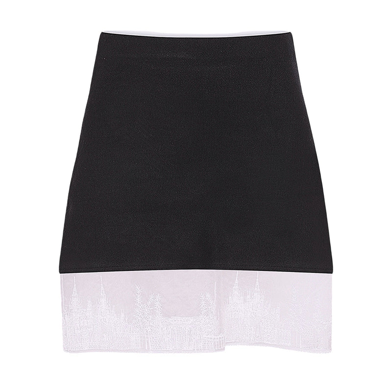Black Mini Knit Skirt With Embroidery Lace