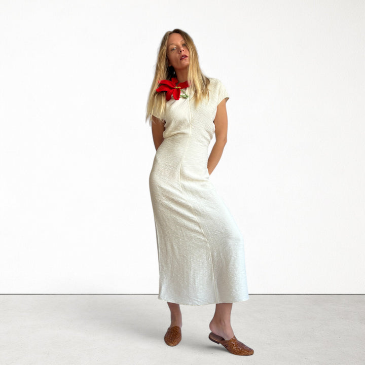 Beige crinkled long dress with crochet flower