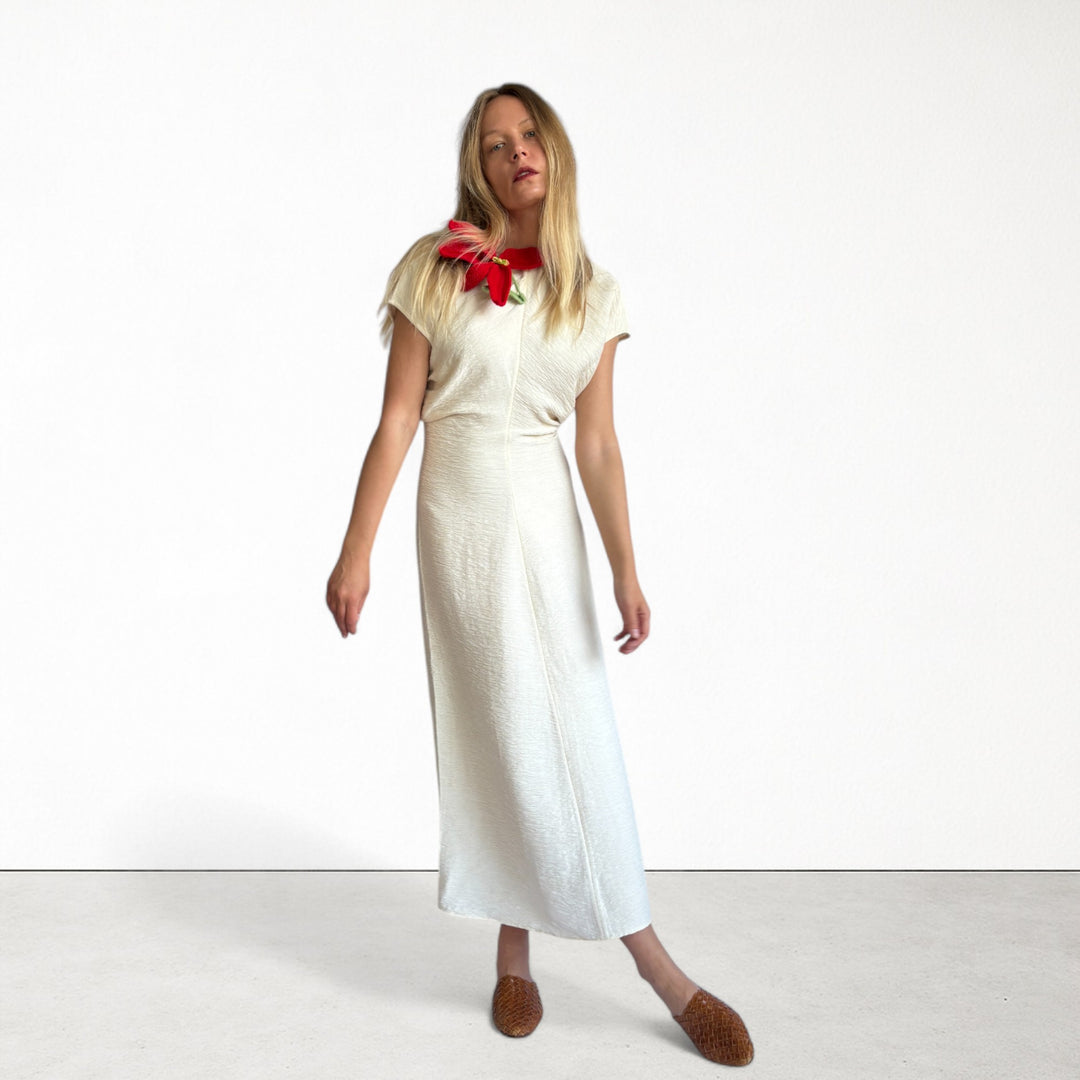 Beige crinkled long dress with crochet flower