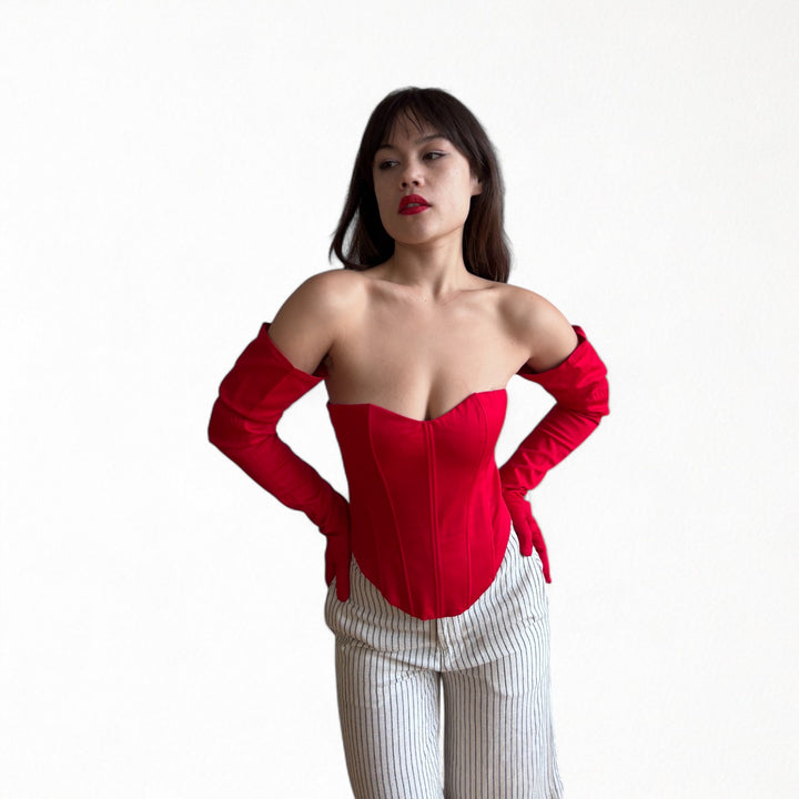 Red sweetheart corset with long gloves