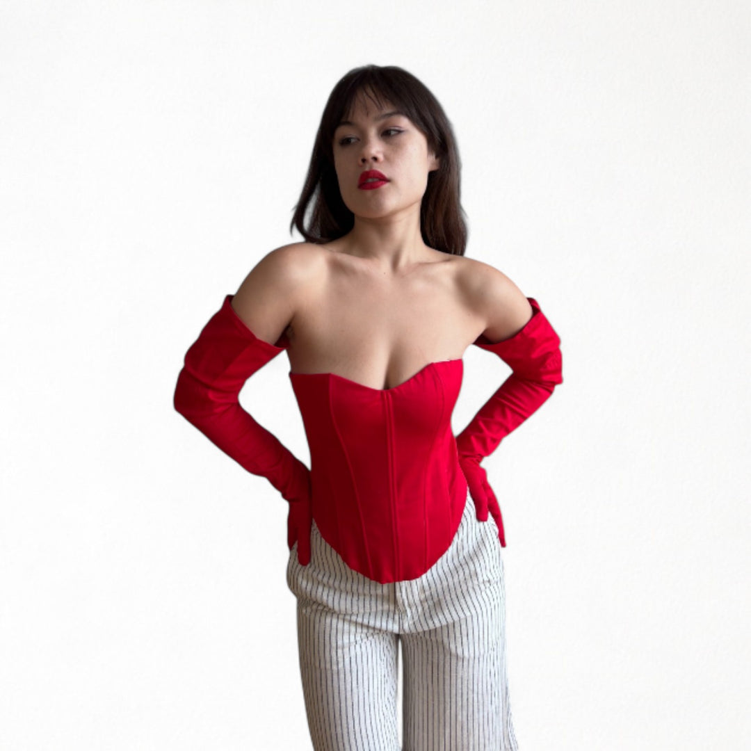 Red sweetheart corset with long gloves