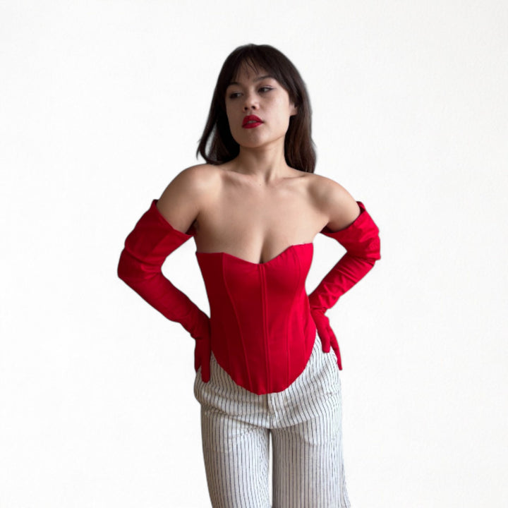 Red sweetheart corset with long gloves